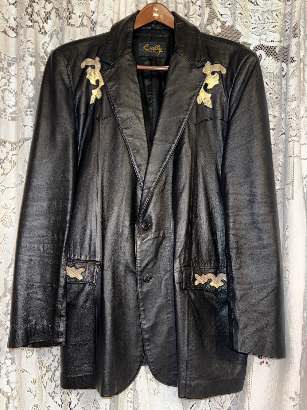Vintage Scully Black Leather Blazer with snake skin accent 54